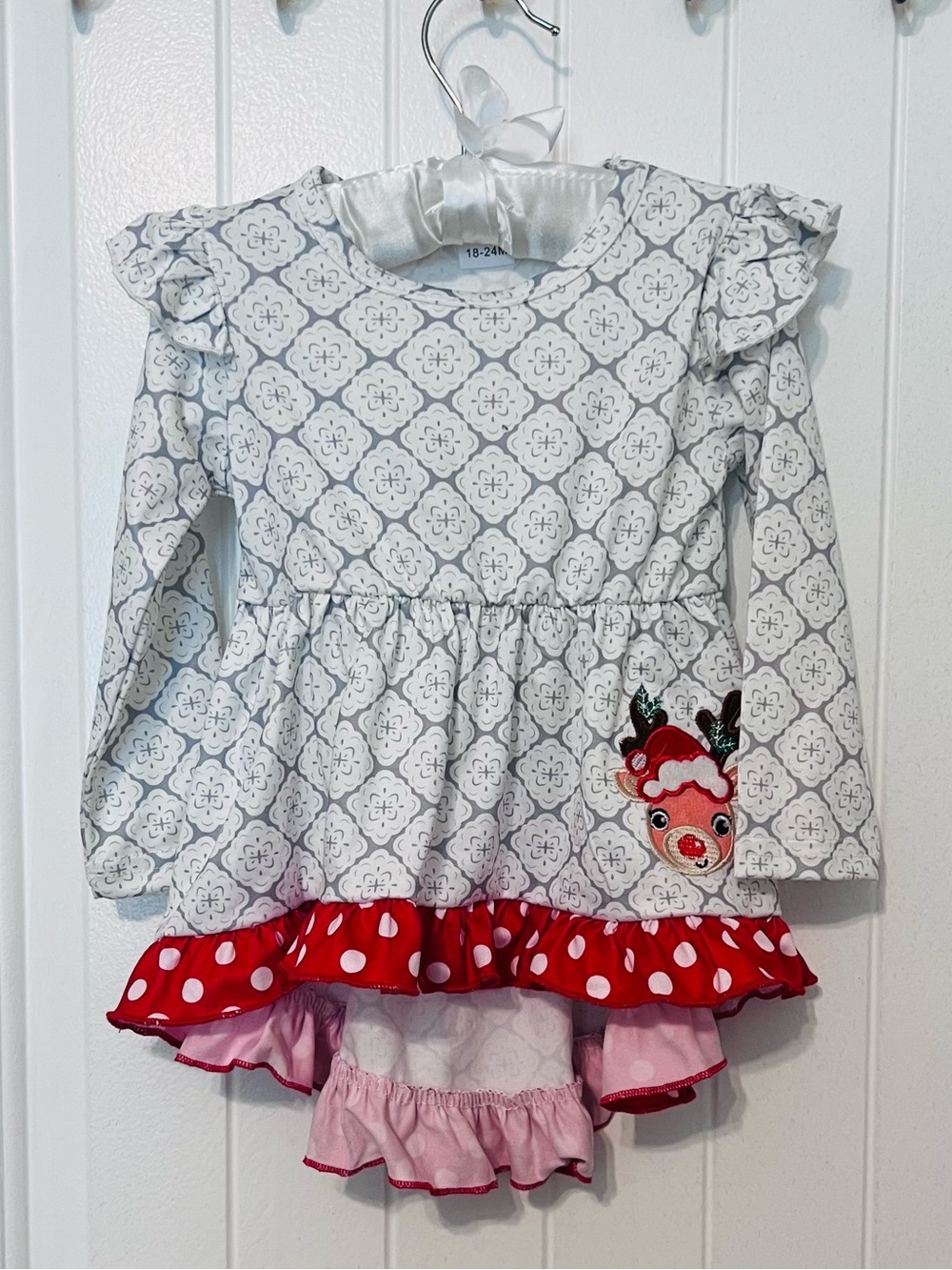 Girls Holiday Reindeer Long Sleeve Ruffled Shirt 18-24 Months